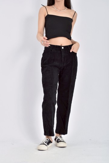 (XL) 高腰坑紋鬆緊腰黑色長褲