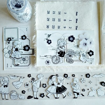 輕復古黑白小人 和紙膠帶 PET 貼紙