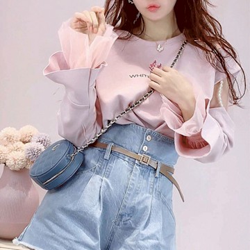 BBHONEY 韓風甜美 透視網紗拼接袖 刺繡花朵 減齡百搭上衣