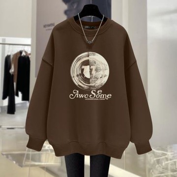 2026新款春秋冬設計感印花字母薄款寬松圓領套頭衛衣女加絨中長款