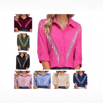 2024歐美跨境亞馬遜外貿襯衫閃亮水鉆流蘇紐扣長袖流蘇襯衫