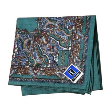 YSL Yves Saint Laurent 復古優雅佩斯利圖騰滾邊字母LOGO刺繡圖騰帕領巾(綠色系/48CM)
