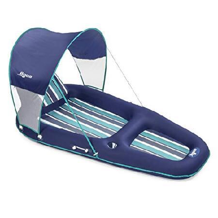 Aqua Oversized Deluxe Lounge, Heavy Duty, X-Large, Inflatable Pool Float with UPF Sunshade Canopy, Navy White Stripe