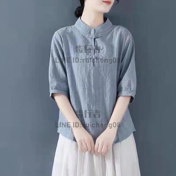 棉麻上衣女生復古盤扣棉麻提花襯衫女寬鬆短袖上衣【步行者戶外生活館】
