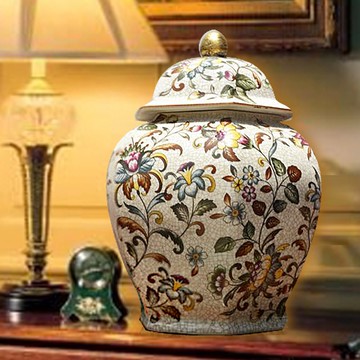 景德鎮歐式陶瓷罐帶蓋帶開片六角儲物罐擺件鍍金復古鄉村樣板房