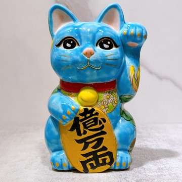【菊靛納福】日本清水燒招財貓 | 水色黃菊