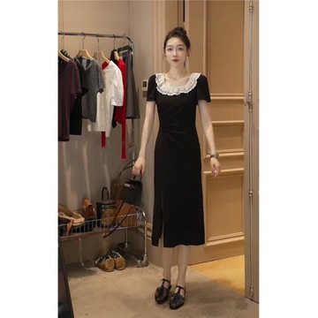 女裝法式蕾絲收腰夏季短袖連衣裙
