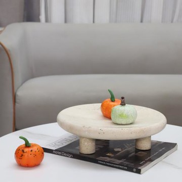 現代簡約洞石三腳圓形果盤托盤擺件客廳茶幾酒店電視柜家居裝飾品