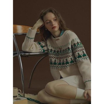 費爾島圣誕牛角扣設計感毛衣外套女秋冬法式北歐風氛圍感針織開衫