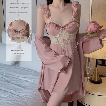 性感睡裙女夏薄款冰絲綢緞蕾絲純欲風吊帶胸墊睡衣飛袖家居服套裝