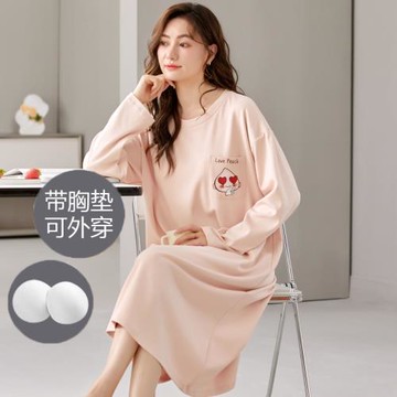 春秋季睡衣女純棉自帶胸墊一體長袖中長睡裙學生夏冬款大碼家居服