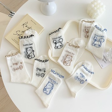 學院風甜美卡通中筒襪子 網眼透氣女襪 薄款花邊女士長襪