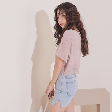 透肌壓皺短版上衣-灰紫【KT222722】