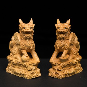 小葉黃楊木創意鎮宅辟邪招財風水實木麒麟木雕擺件一對雕刻工藝品