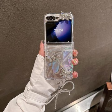適用三星zflip5手機殼折疊新款Z Flip6高級感帶掛繩zflip4保護殼套3防摔斜挎鏈條透明女超薄蝴蝶網紅硅膠全包