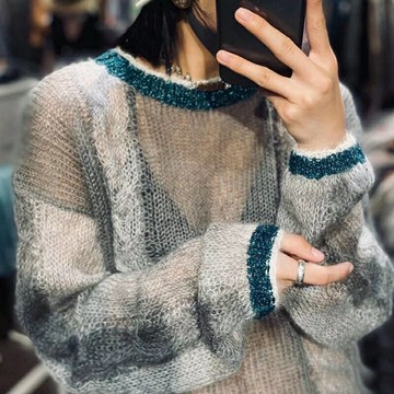 纖婕芙時尚寬松薄款慵懶風拼色針織衫女2022秋冬微透設計感毛衣潮