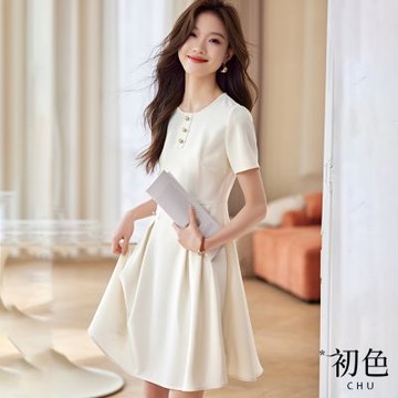 初色 純色圓領短袖收腰氣質A字連身裙中長裙連衣洋裝-白色-11266(M-2XL可選)
