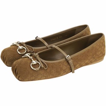 GUCCI 古馳 Horsebit GG老花馬銜扣絨面羊皮繫帶芭蕾舞鞋 平底鞋(女款/淺棕色)