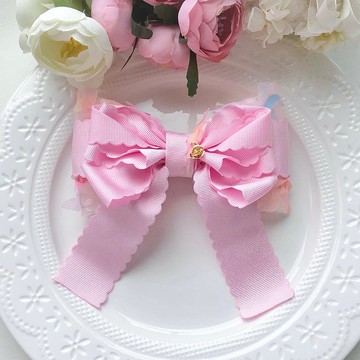 夢幻蕾絲網紗蝴蝶結髮夾髮飾-粉紅色