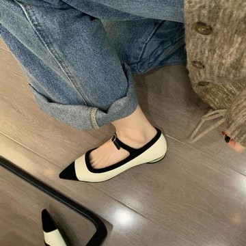 小香風尖頭春季拼色一字扣帶單鞋