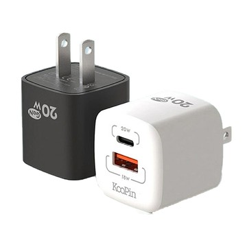 KooPin GaN 氮化鎵 20W 雙孔PD+QC 手機/平板快速充電器 快充頭(黑色)