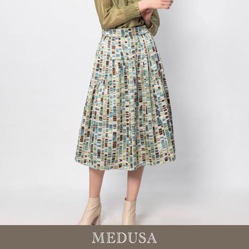 現貨【MEDUSA 曼度莎】綠色方格金絲緹花抽褶圓裙（M-XL）｜圓裙 裙子 緹花裙 禮服短裙