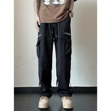 美式拉鏈多口袋工裝褲子男高街嘻哈hiphop闊腿垂感沖鋒褲百搭直筒