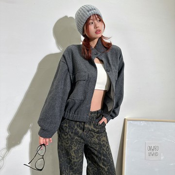 立領縮腰薄呢外套-深灰【KT281065】