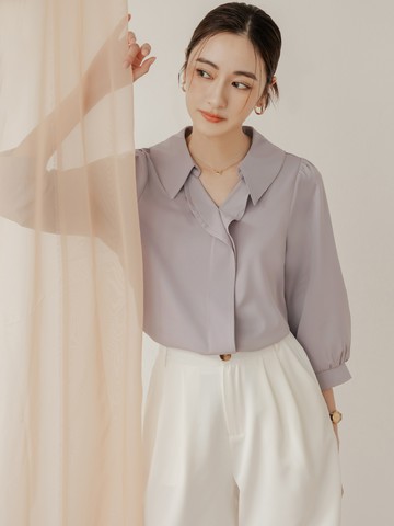 不易皺翻領荷葉邊七分袖上衣