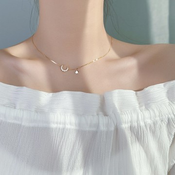 925純銀星星月亮項鏈女夏2021年新款小眾鎖骨鏈簡約輕奢頸鏈氣質