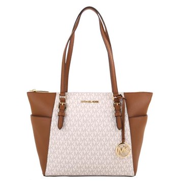 MICHAEL KORS 金字雙側口袋拼色防刮拉鍊托特包(駝x白)