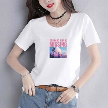 夏裝2022新款上衣學生韓版顯瘦印花修身短袖t恤女圓領純棉衣服潮