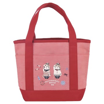 kUSUgURU JAPAN 日本眼鏡貓 Pochanyako軍團系列 海軍風格手提收納包  紅色  13cm x 40cm x 26cm