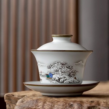 月白汝窯三才蓋碗仿古開片可養陶瓷泡茶碗景德鎮功夫茶具茶碗帶蓋