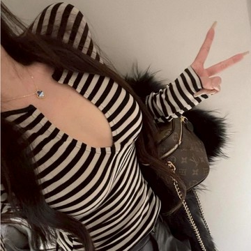秋季辣妹性感V領條紋長袖T恤上衣