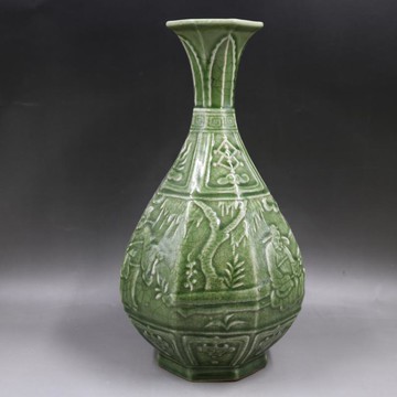 明龍泉窯浮雕人物故事玉壺春瓶仿古家居裝飾瓷器擺件古董古玩收藏1入