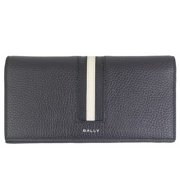 BALLY RIBBON 黑品牌條紋荔枝紋真皮對開長夾-拉鍊夾層