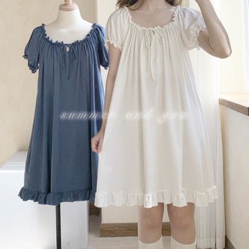 奧代爾 可愛復古少女 白色綠色藍色黃色 大領口 居家睡衣睡裙 W