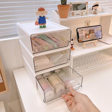 ins風簡約桌面收納盒疊加抽屜式整理盒宿舍雜物盒 透明組合收納柜