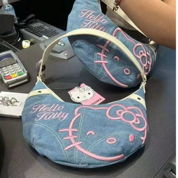 Kitty手提包🎀 Kitty牛仔刺綉腋下包斜挎包 Kitty牛仔包 Kitty肩背包 Kitty側背包 餃子包