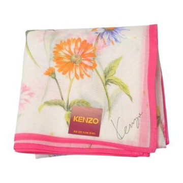 KENZO 白底橙菊粉邊圖騰字母LOGO帕領巾(45CM)