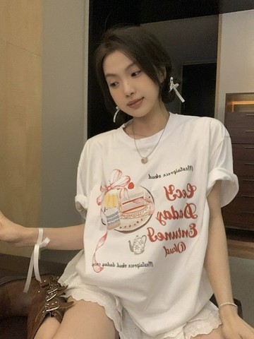 重磅純棉chic甜酷印花短袖T卹女夏季新款寬鬆顯瘦白色學生上衣ins