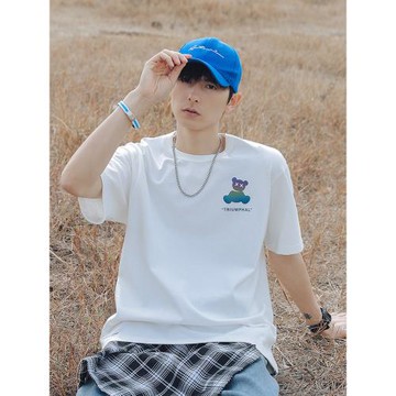 九木町滿版反光小熊印花T恤男日系炫彩情侶款短袖潮流ins趣味體恤