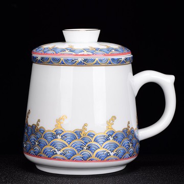 手工描金陶瓷馬克杯海浪琺瑯彩辦公室水杯家用帶蓋帶把過濾茶杯