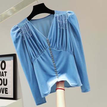 流蘇釘珠V領長袖T恤2025春季韓版顯瘦純色水鉆扣金絲絨外穿打底衫