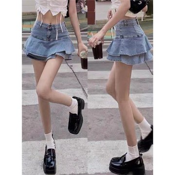 牛仔半身裙女高腰辣妹荷葉邊魚尾短裙2025年秋季新款a字百褶裙子