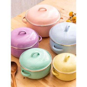 日式粉色搪瓷鍋料理加厚家用紫色琺瑯彩雙耳收納拌鍋綠色冷藏鍋