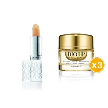 【全效呵護】Elizabeth Arden 雅頓 八小時潤澤護唇膏 3.7g X2(台灣專櫃貨)+BIO UP 自然美 全效防護光采素顏霜SPF50