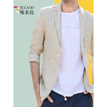 啄木鳥2025春夏季亞麻西服中年男士透氣薄款夏季純色家居休閑西裝