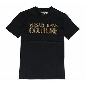 VERSACE JEANS 純綿內布標白字LOGO亮片字母設計短袖T恤(女款/黑)